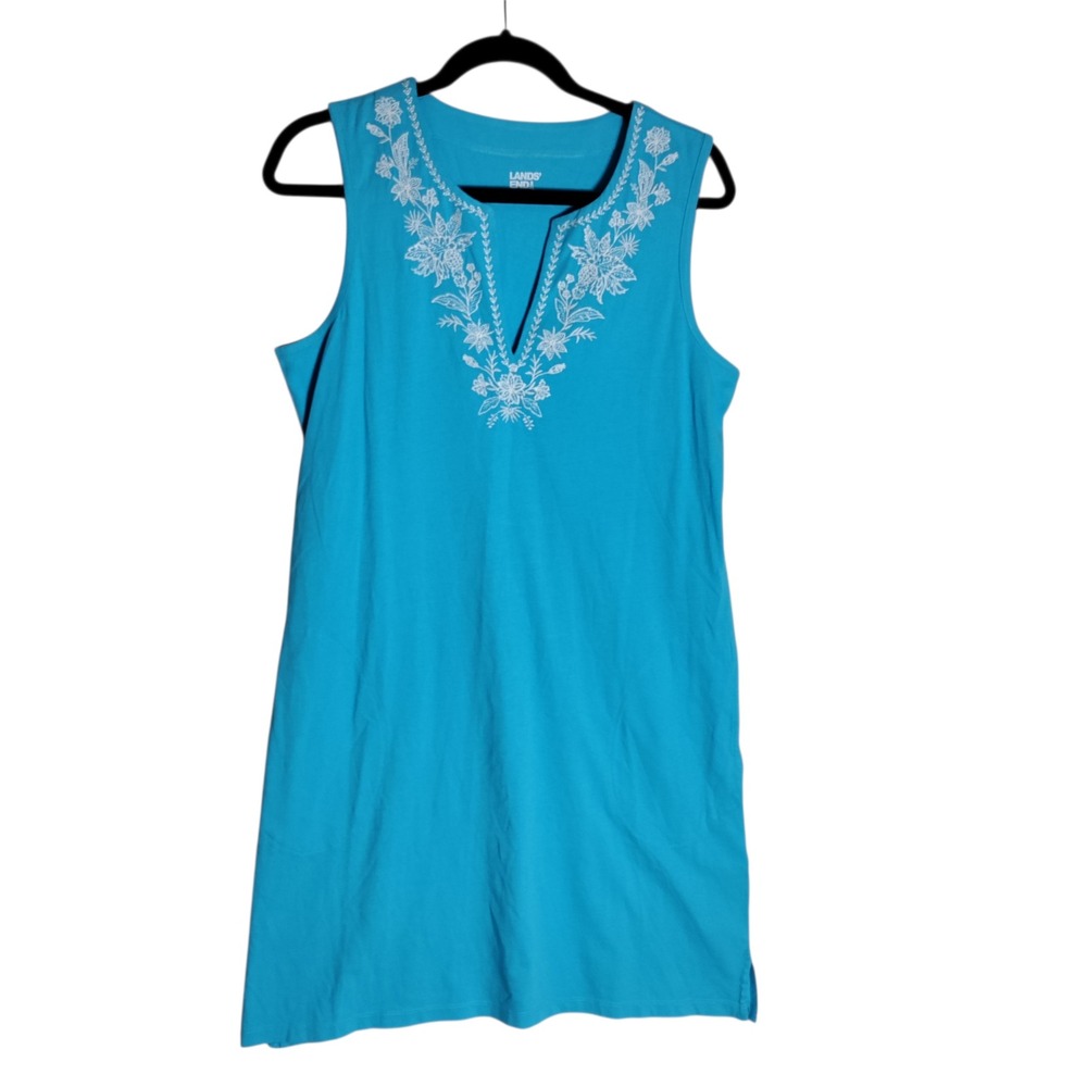 Lands' End Turquoise Blue Floral Embroidered Cotton Sleeveless Shift Dress M